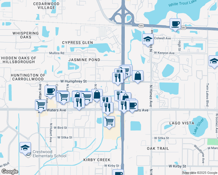 map of restaurants, bars, coffee shops, grocery stores, and more near 8582 Channelview Circle in Tampa