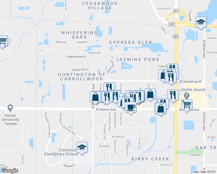 map of restaurants, bars, coffee shops, grocery stores, and more near 8434 Camden Street in Tampa