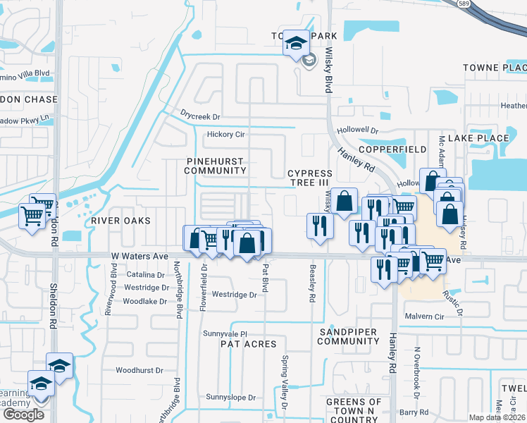 map of restaurants, bars, coffee shops, grocery stores, and more near 8536 Edgewater Place Boulevard in Tampa