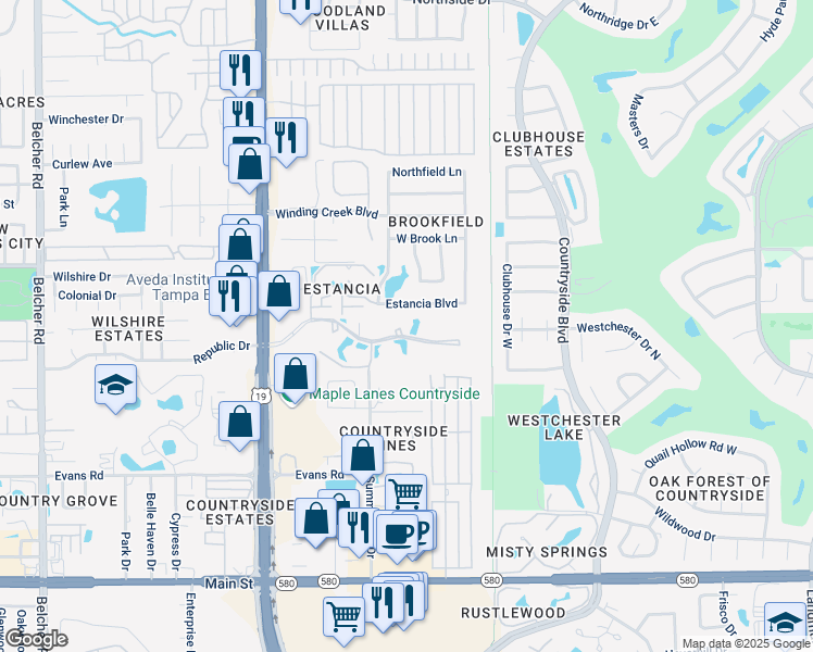 map of restaurants, bars, coffee shops, grocery stores, and more near 2533 Estancia Boulevard in Clearwater