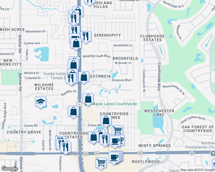 map of restaurants, bars, coffee shops, grocery stores, and more near 2498 Alhambra Court in Clearwater