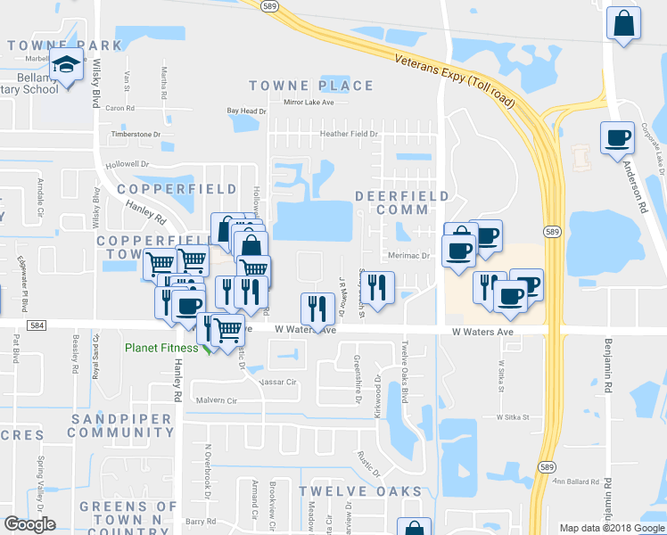 map of restaurants, bars, coffee shops, grocery stores, and more near 8530 J R Manor Drive in Tampa