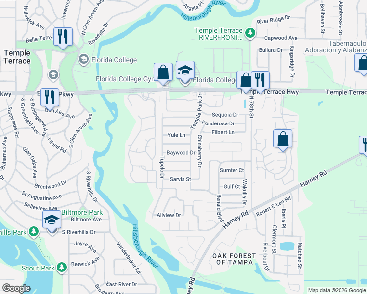 map of restaurants, bars, coffee shops, grocery stores, and more near 8701 Temple Park Drive in Tampa