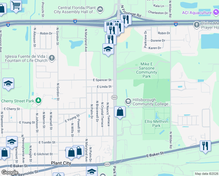map of restaurants, bars, coffee shops, grocery stores, and more near 1911 East Spencer Street in Plant City