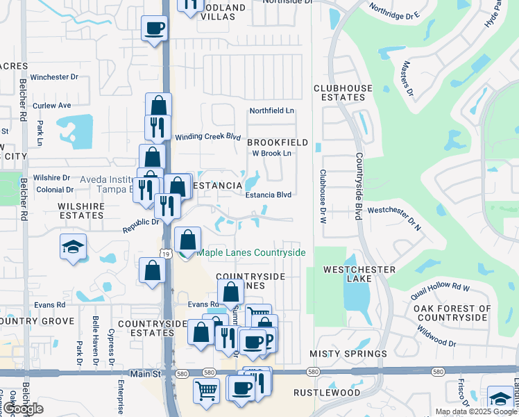 map of restaurants, bars, coffee shops, grocery stores, and more near 2533 Estancia Boulevard in Clearwater