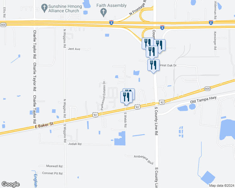 map of restaurants, bars, coffee shops, grocery stores, and more near 4037 Canary Palm Circle in Plant City
