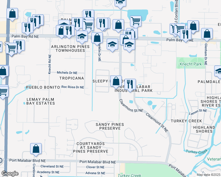 map of restaurants, bars, coffee shops, grocery stores, and more near 1223 Van Tassell Trail Northeast in Palm Bay