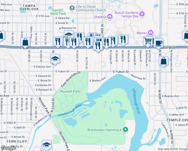 map of restaurants, bars, coffee shops, grocery stores, and more near 8609 North 29th Street in Tampa