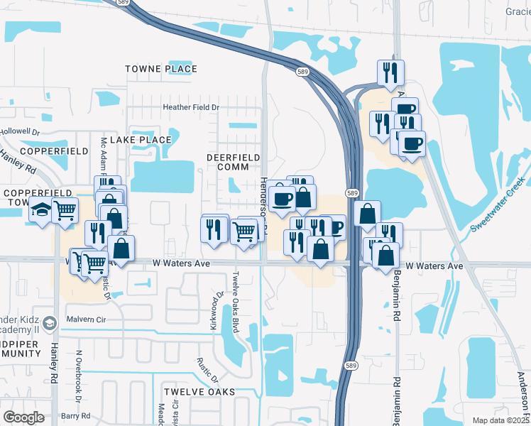 map of restaurants, bars, coffee shops, grocery stores, and more near 8715 Henderson Road in Tampa