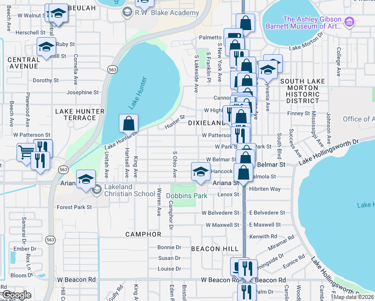 map of restaurants, bars, coffee shops, grocery stores, and more near 509 West Park Street in Lakeland