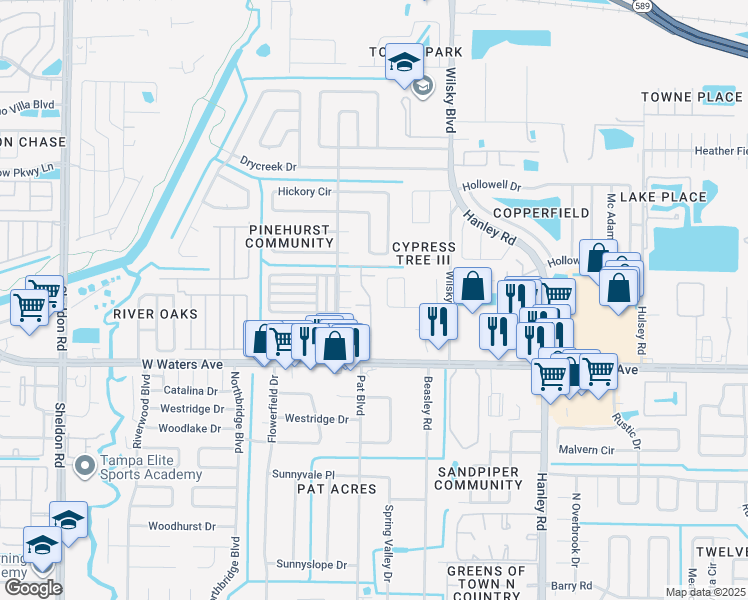 map of restaurants, bars, coffee shops, grocery stores, and more near 7735 Brettonwood Drive in Tampa