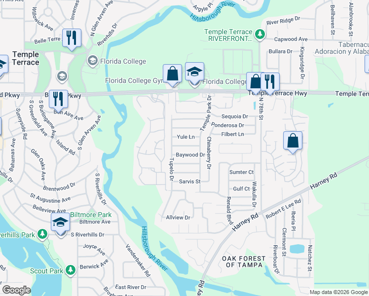 map of restaurants, bars, coffee shops, grocery stores, and more near 7011 Tamarack Drive in Tampa