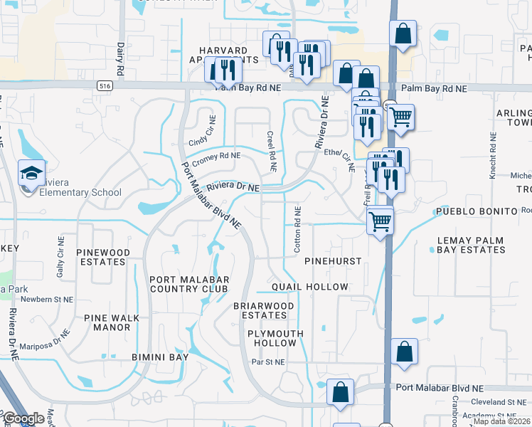 map of restaurants, bars, coffee shops, grocery stores, and more near 1411 Sumac Court Northeast in Palm Bay