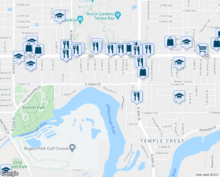 map of restaurants, bars, coffee shops, grocery stores, and more near 3414 Riverview Drive in Tampa