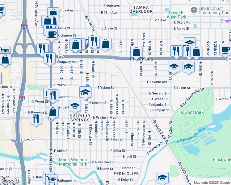 map of restaurants, bars, coffee shops, grocery stores, and more near 8612 North 15th Street in Tampa