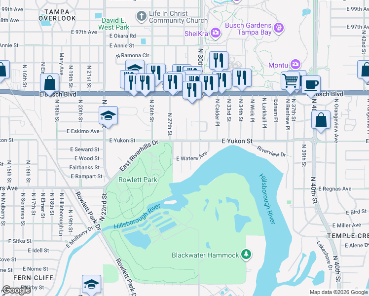 map of restaurants, bars, coffee shops, grocery stores, and more near 8609 North 29th Street in Tampa
