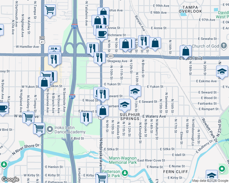 map of restaurants, bars, coffee shops, grocery stores, and more near 1033 East Yukon Street in Tampa