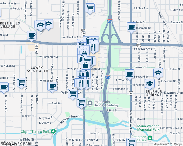 map of restaurants, bars, coffee shops, grocery stores, and more near 211 East Yukon Street in Tampa