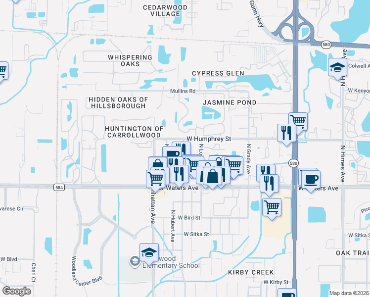 map of restaurants, bars, coffee shops, grocery stores, and more near 8434 Camden Street in Tampa