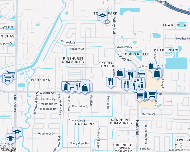 map of restaurants, bars, coffee shops, grocery stores, and more near 7735 Brettonwood Drive in Tampa
