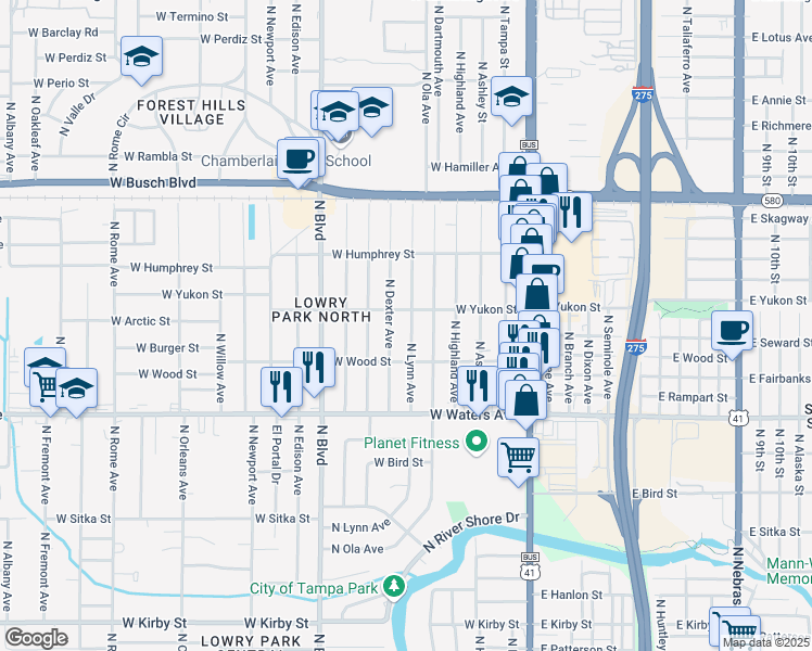 map of restaurants, bars, coffee shops, grocery stores, and more near 8701 North Lynn Avenue in Tampa