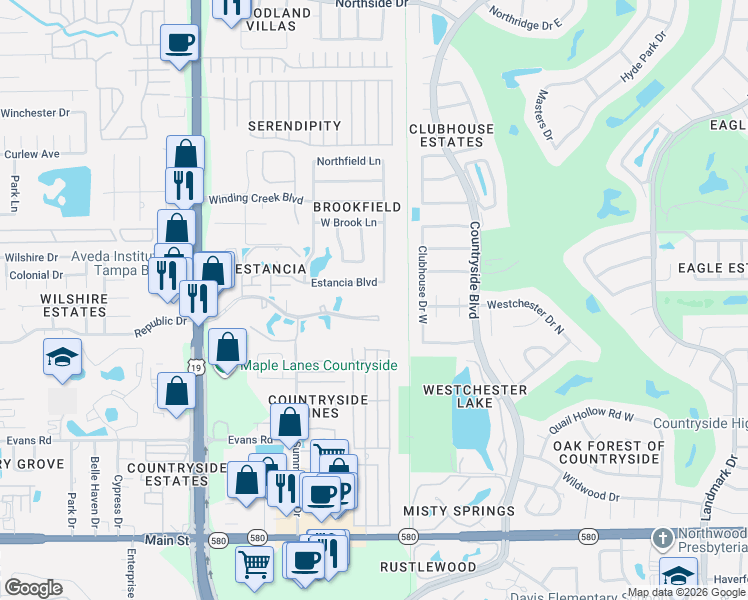 map of restaurants, bars, coffee shops, grocery stores, and more near 2569 Estancia Boulevard in Clearwater