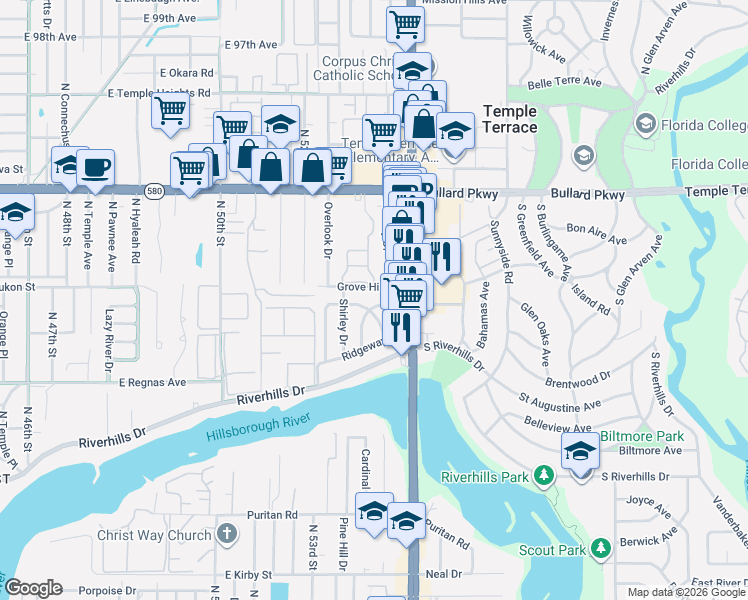 map of restaurants, bars, coffee shops, grocery stores, and more near 8702 Beverly Drive in Tampa