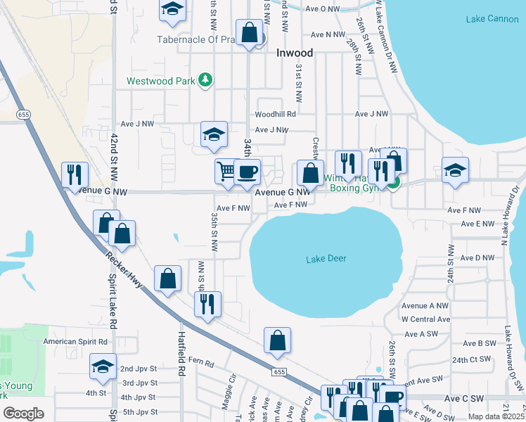 map of restaurants, bars, coffee shops, grocery stores, and more near 529 33rd Street Northwest in Winter Haven