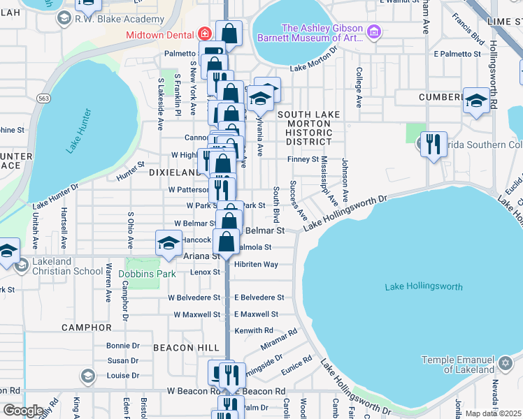 map of restaurants, bars, coffee shops, grocery stores, and more near 211 East Park Street in Lakeland