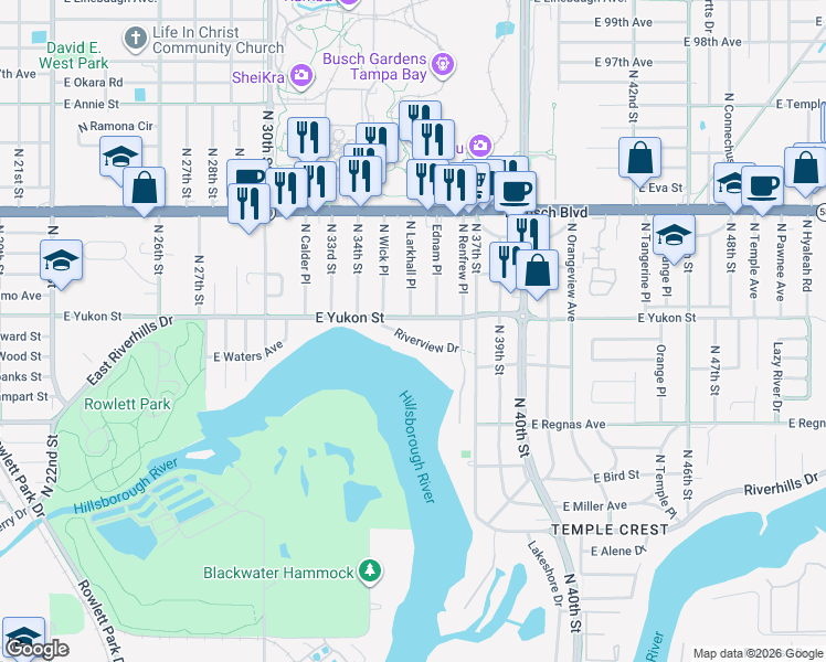 map of restaurants, bars, coffee shops, grocery stores, and more near 3414 Riverview Drive in Tampa