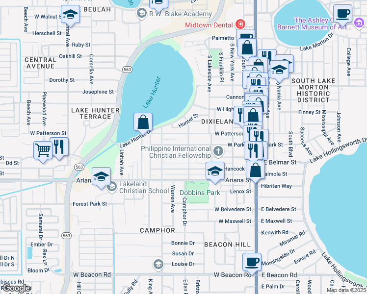 map of restaurants, bars, coffee shops, grocery stores, and more near 612 West Park Street in Lakeland