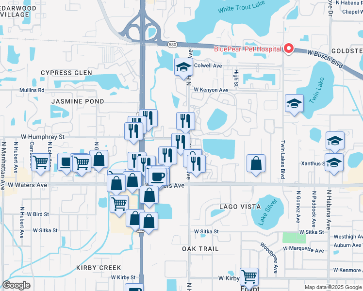 map of restaurants, bars, coffee shops, grocery stores, and more near 3620 West Humphrey Street in Tampa