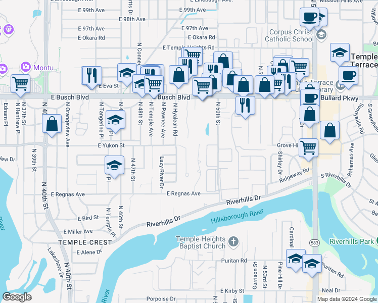 map of restaurants, bars, coffee shops, grocery stores, and more near 4912 East Yukon Street in Tampa