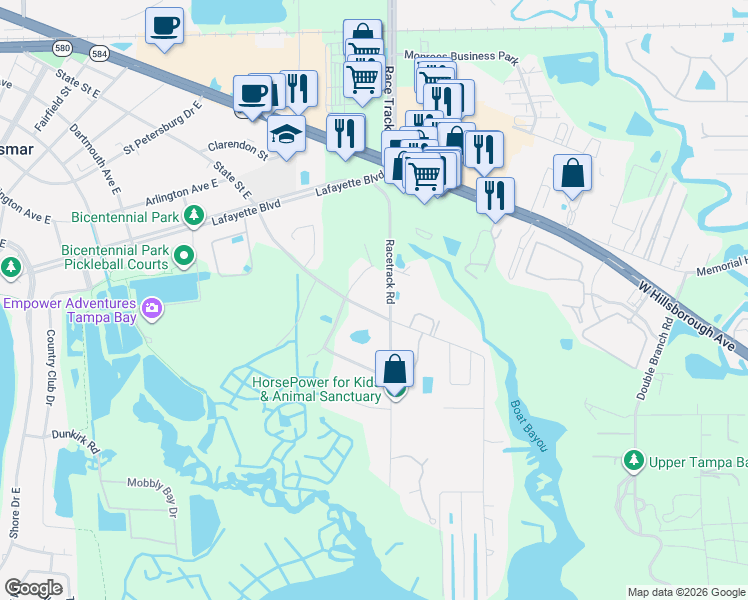 map of restaurants, bars, coffee shops, grocery stores, and more near 8455 Racetrack Road in Tampa