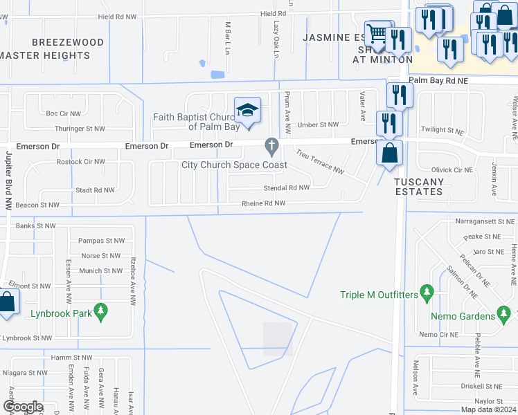 map of restaurants, bars, coffee shops, grocery stores, and more near 393 Rheine Road Northwest in Palm Bay