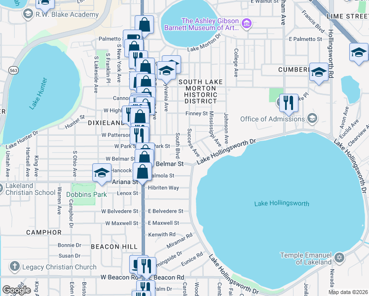 map of restaurants, bars, coffee shops, grocery stores, and more near 1061 South Boulevard in Lakeland