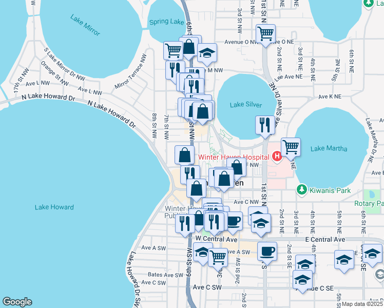map of restaurants, bars, coffee shops, grocery stores, and more near 674 U.S. 17 in Winter Haven