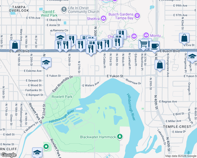 map of restaurants, bars, coffee shops, grocery stores, and more near 3012 East Waters Avenue in Tampa