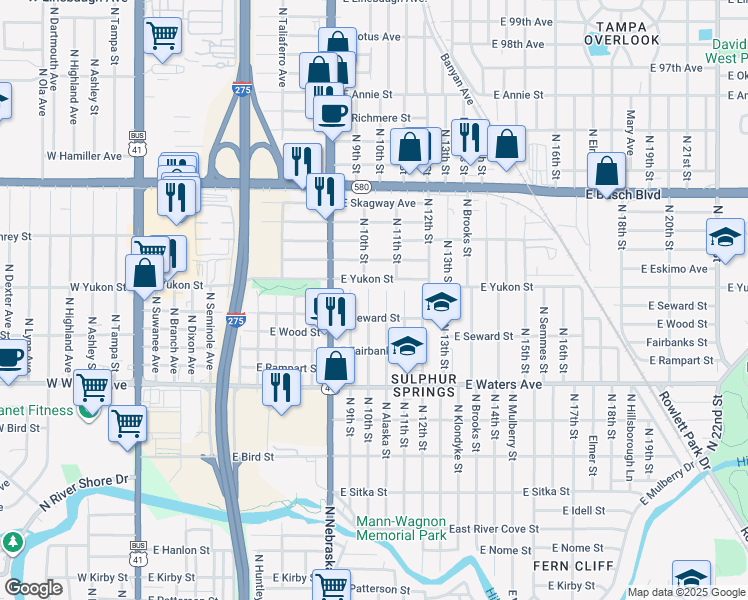 map of restaurants, bars, coffee shops, grocery stores, and more near 1033 East Yukon Street in Tampa