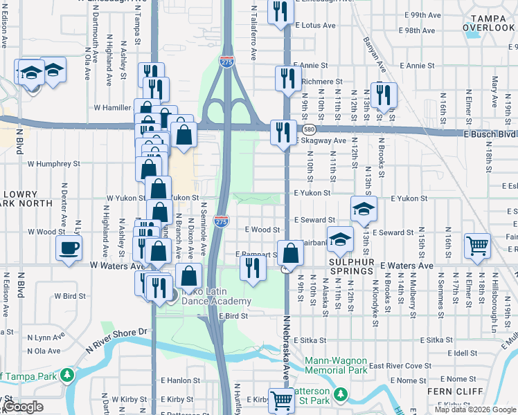 map of restaurants, bars, coffee shops, grocery stores, and more near 801 East Yukon Street in Tampa