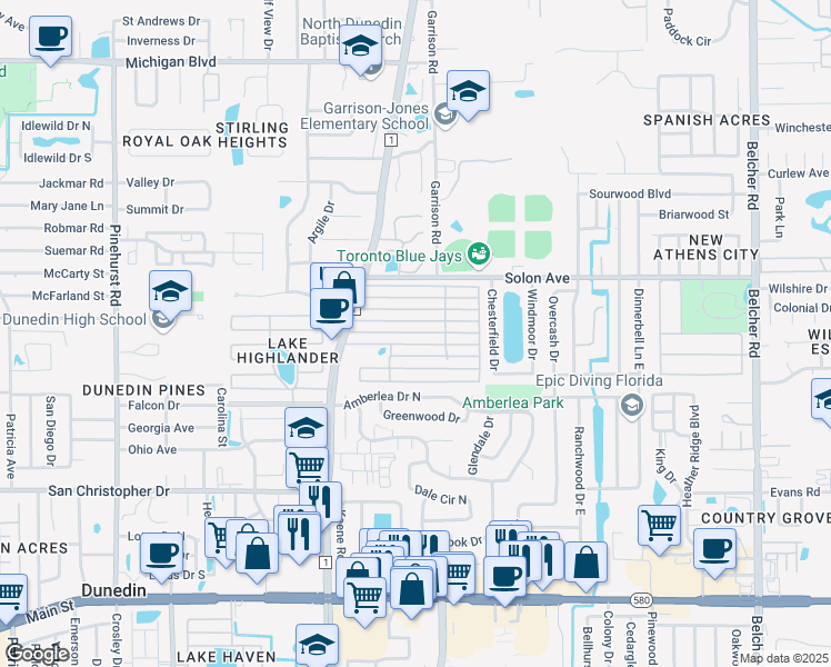 map of restaurants, bars, coffee shops, grocery stores, and more near 1668 Peaceful Lane in Dunedin