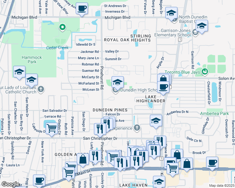 map of restaurants, bars, coffee shops, grocery stores, and more near 1651 Pinehurst Road in Dunedin