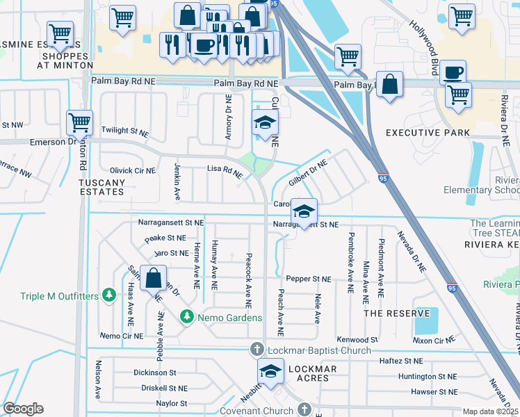 map of restaurants, bars, coffee shops, grocery stores, and more near 461 Carol Drive Northeast in Palm Bay