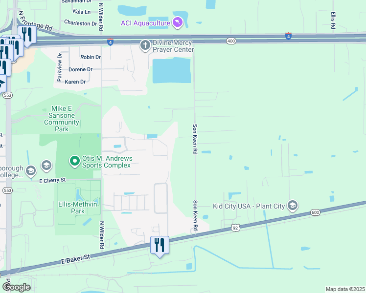 map of restaurants, bars, coffee shops, grocery stores, and more near 508 Son Keen Road in Plant City