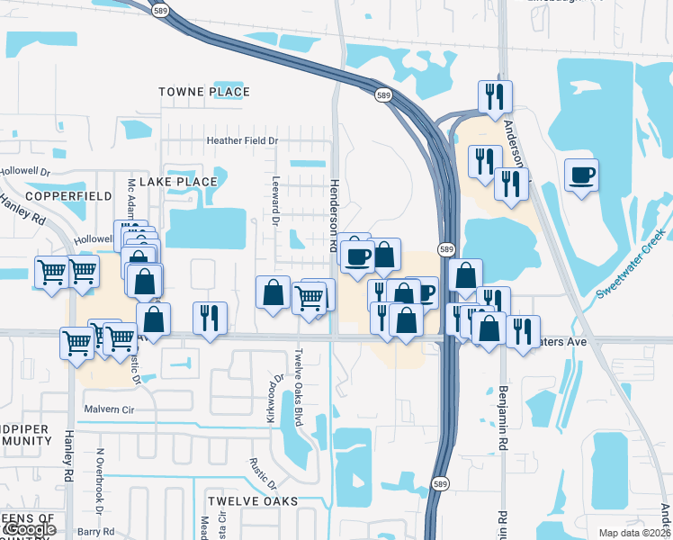 map of restaurants, bars, coffee shops, grocery stores, and more near 8735 Henderson Road in Tampa