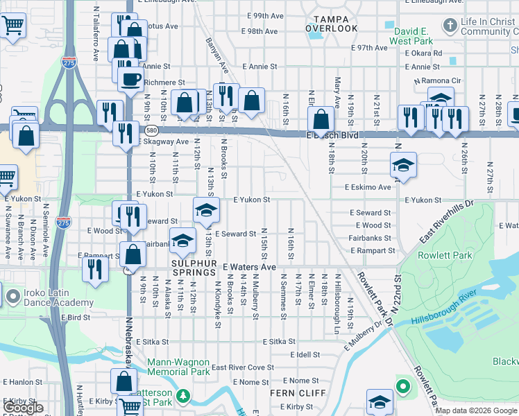 map of restaurants, bars, coffee shops, grocery stores, and more near 8612 North 15th Street in Tampa