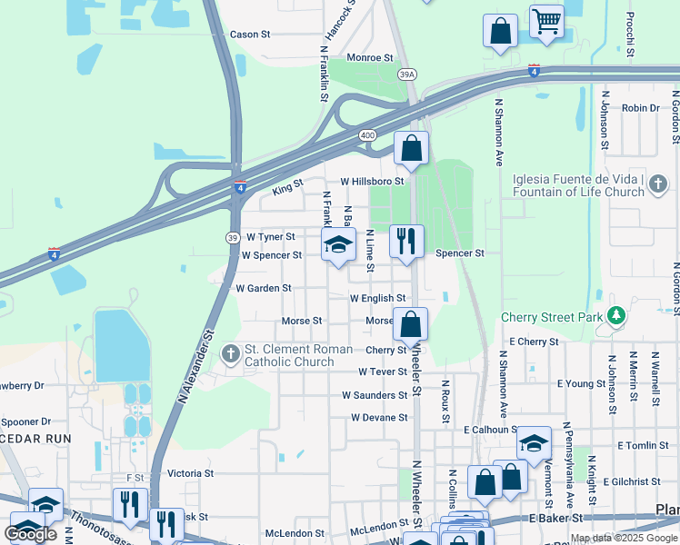 map of restaurants, bars, coffee shops, grocery stores, and more near 702 West English Street in Plant City