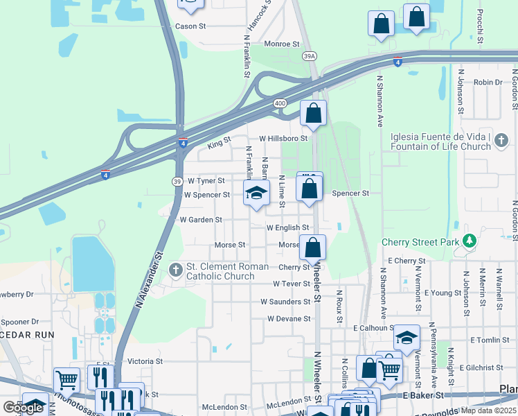 map of restaurants, bars, coffee shops, grocery stores, and more near 702 West English Street in Plant City