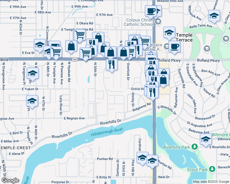 map of restaurants, bars, coffee shops, grocery stores, and more near 8700 North Whittier Street in Tampa