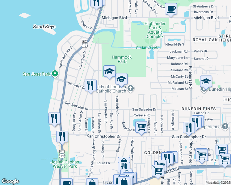 map of restaurants, bars, coffee shops, grocery stores, and more near 1660 San Helen Drive in Dunedin